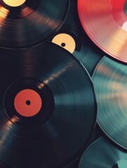 Vintage 3D vinyl records laying on a surface with ample space for text and creative design...