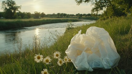 Scenic Riverbank with Plastic Waste in Soft Evening Light