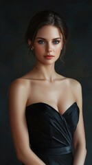 Naklejka premium A woman in a black dress with a black background
