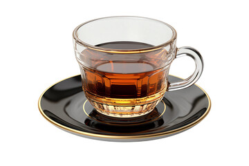 a cup of tea on a black plate 