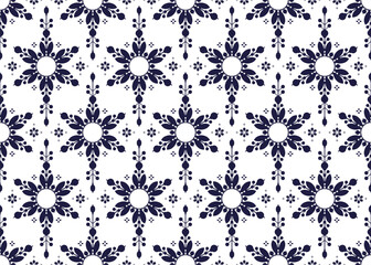 dark blue symbol floral on White background, ethnic fabric seamless pattern, design for cloth, carpet, batik, wallpaper, wrapping etc.