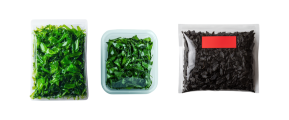 The image features three packages of leafy greens and dried herbs, showcasing various types of fresh and dried plant materials.
