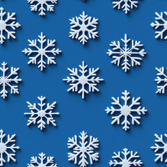 Snowflake seamless pattern, A vibrant pattern of white snowflakes against a blue backdrop, perfect for winter-themed designs and festive decorations.