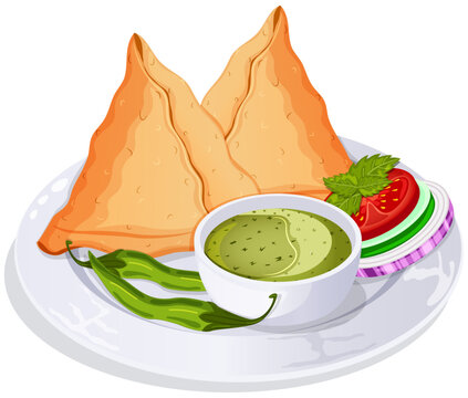 Samosas with Mint Chutney, Sliced Tomato, Cucumber, Onion and Green Chilli Peppers. Authentic Indian Street Food Plate