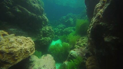 Fototapeta premium Underwater Seabed Scene Rocks, Algae, and Sunlight