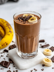Delicious banana chocolate smoothie a healthy cozy dessert recipe. Secret recipe of choco-banana drink.