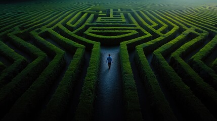 A man walks through a maze of hedges