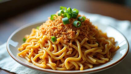 Delicious Noodles Topped With Seasoning And Green Onions