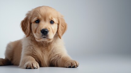 A small golden retriever puppy is laying on a white surface