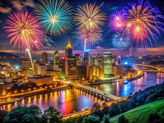 Obraz premium July 4th, 2018: Mount Washington's breathtaking fireworks display captured in a captivating double exposure night shot.