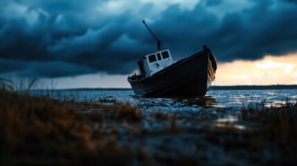 A boat is floating in the water with a stormy sky in the background