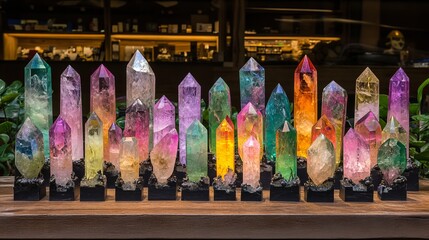 Fototapeta premium Vibrant Crystal Collection Displayed on Wooden Shelf