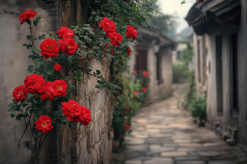 Red Roses on Stone Wall in Jiangnan
