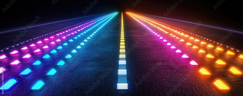 Aufkleber a vibrant, illuminated pathway stretches into the distance, featuring colorful lights that create a 