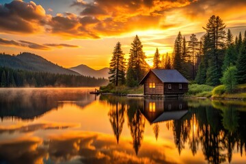 Fototapeta premium Lakeside cabin bathed in golden sunset light; minimalist design, cozy retreat.