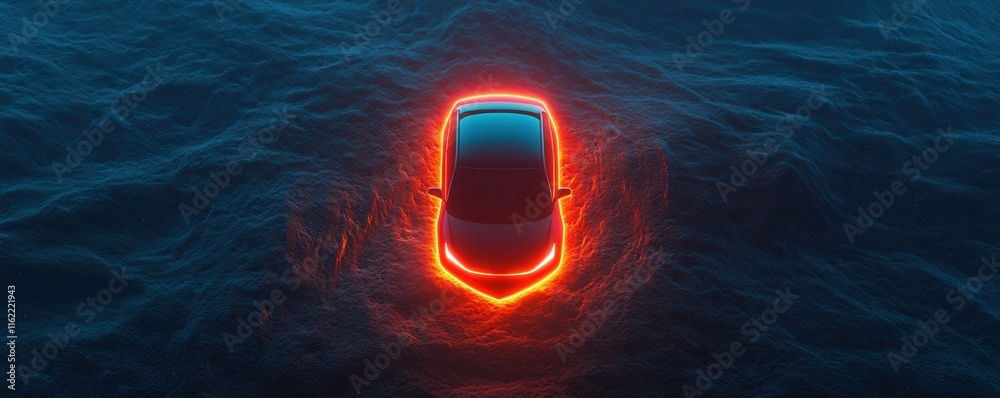 Leinwandbilder a glowing car partially submerged in dark water, creating a striking contrast and an intriguing visu