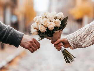 Romantic gesture couple exchanging flowers urban street autumn vibes close-up love expression