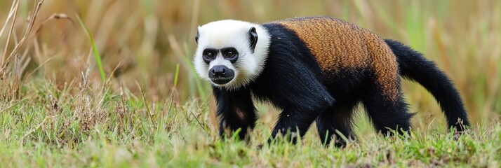Obraz premium White faced saki monkey walking through grass