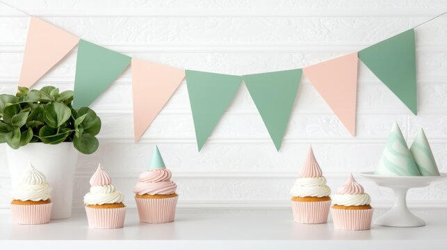 A pastel-themed dessert table featuring cupcakes and a decorative banner, enhancing a festive atmosphere.