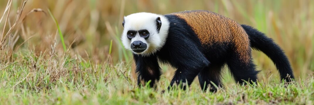 White faced saki monkey walking through grass