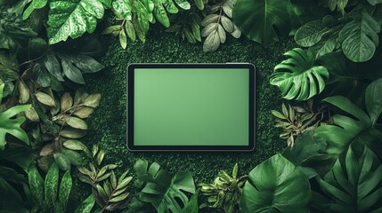 Sustainable growth tactics, Green Tablet Surrounded by Vibrant Leaves