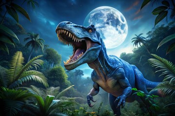 Blue T-Rex Jungle Roar - Dark Night Dinosaur Artwork, Medium Shot