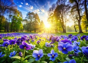 Obraz premium Blue Violet Flowers in Park - Wide Angle Spring Nature Photography
