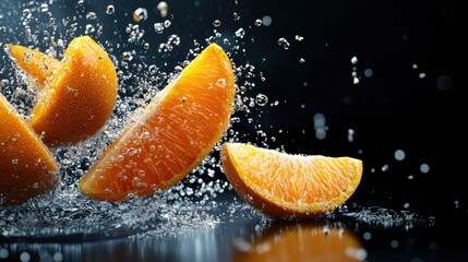 A close up of an orange slice with water droplets surrounding it