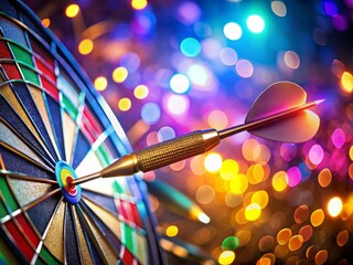 Colorful Darts Striking Bullseye Target with Vibrant Bokeh Background - Stock Photo