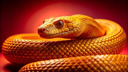 Fototapeta premium Coiled Golden Snake on Red: Minimalist Macro Photography