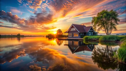Fototapeta premium Stunning Sunrise Lake House Photography: Rule of Thirds Composition, Golden Hour, Water Reflection