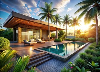 Fototapeta premium Tropical Oasis: Luxury Modern Villa, Pool, Pergola Design - Medium Shot