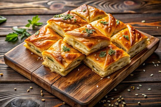 Turkish Su Borek Recipe: Bird's Eye View of Delicious Pastry on Wooden Board