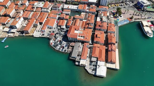 Aerial View of Ayvalık Coastal Businesses and Cityscape, Turkey