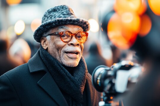 A journalist interviewing a survivor of a significant event, capturing emotional and heartfelt expressions