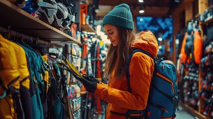 Obraz premium Winter Sports Gear Shopping: Woman Browsing in a Store