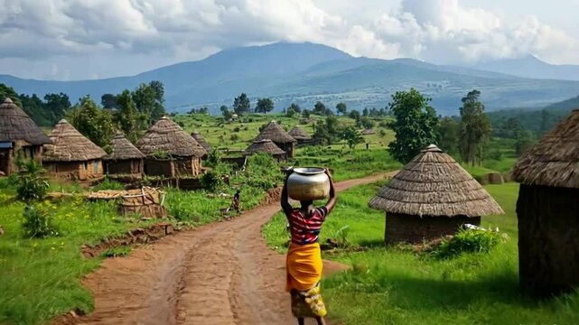 a rural area with traditional thatched huts. In the foreground, a woman in bright clothes carries a large metal vessel on her head.