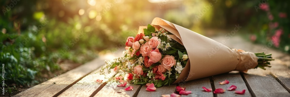 Aufkleber beautiful bouquet of flowers wrapped in kraft paper resting on a wooden path with scattered petals i