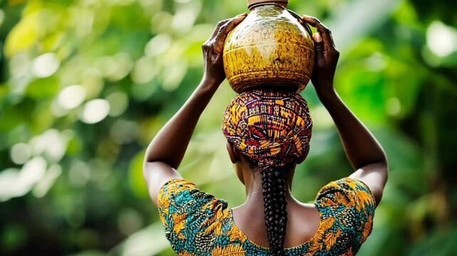 a woman standing with her back to the camera. She carries a large vessel on her head, supporting it with her hands.