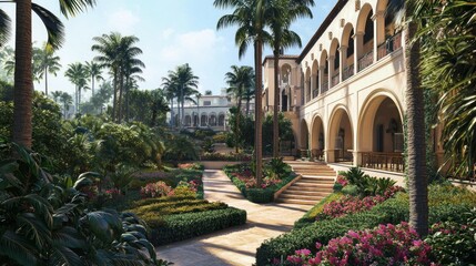 Lush garden pathway leading to elegant architecture.