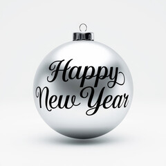 black beautiful calligraphic text happy new year on silver christmas tree ball on white background. laconic minimalistic New Year's Eve holiday atmosphere