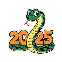 Obraz premium cute funny snake hugs numbers 2025 on white background symbol of 2025 2D, New Year's Eve holiday atmosphere, joyful, playful, festive, serpent, new year, celebration
