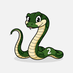 cute funny snake in the form of number 2 on a white background, symbol of 2025, 2D illustration, New Year's Eve holiday atmosphere, festive decorations and celebration vibes