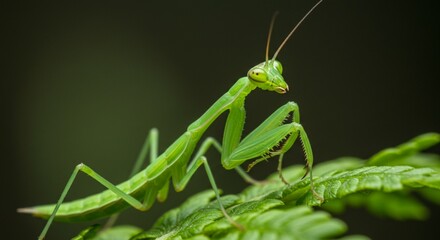 Green Praying Mantis on Leaf with Dark Background