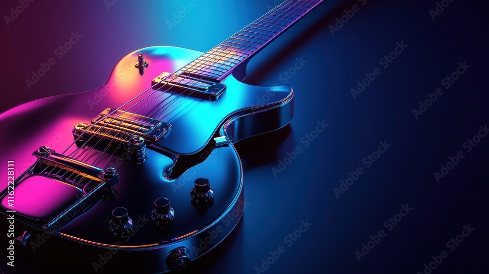 Poster Vibrant 3D guitar with colorful lighting creating a dynamic visual effect at night. Generative AI