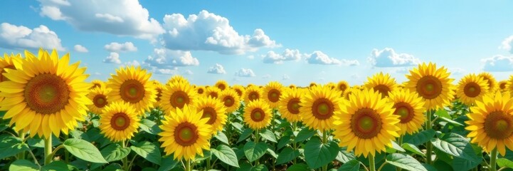 Fototapeta premium Massive sunflower field, towering blooms under blue sky, vibrant, field
