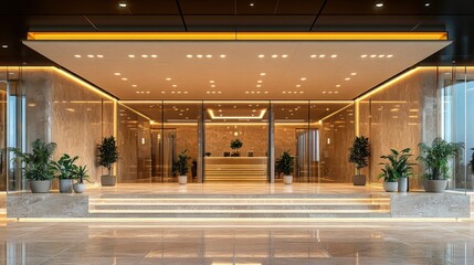 Modern building entrance with marble floors, glass doors, and plants.