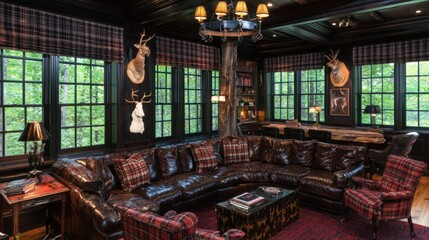 Cozy rustic living room with deer decor and large sofa.