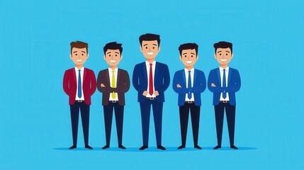 Five cartoon business men in suits standing confidently against a blue background. leadership concept