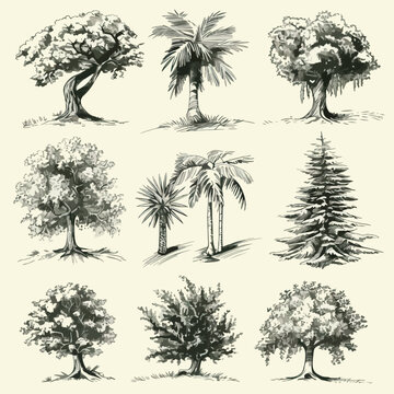 Set of hand drawn tree sketches - oak, palm tree, willow, pine, cypress, baobab, birtch maple spruce